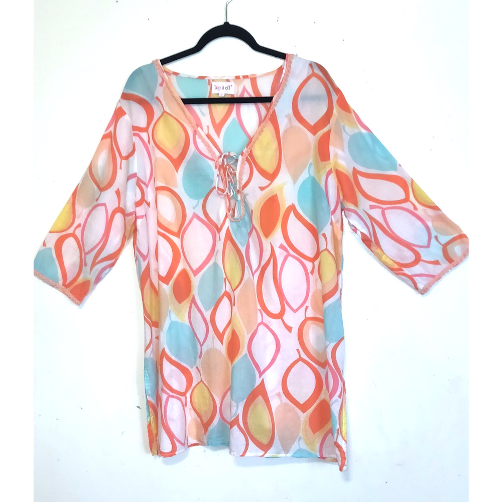 Vintage Top It off Shirt Womens LARGE Hippie 60s Bohemian Reggae Colorful Print